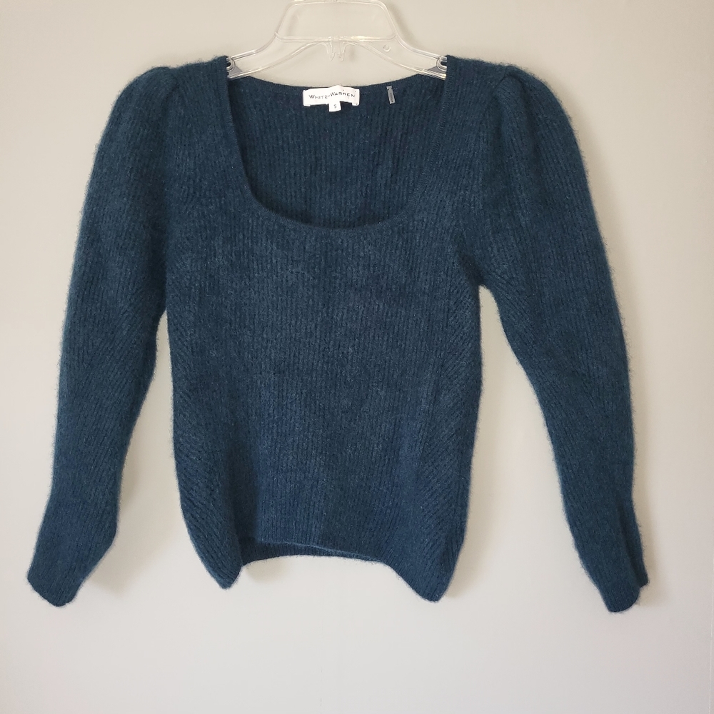 White + Warren Cashmere Square Neck Puff Sleeve Pullover Dark Ivy Size Small - Picture 3 of 6